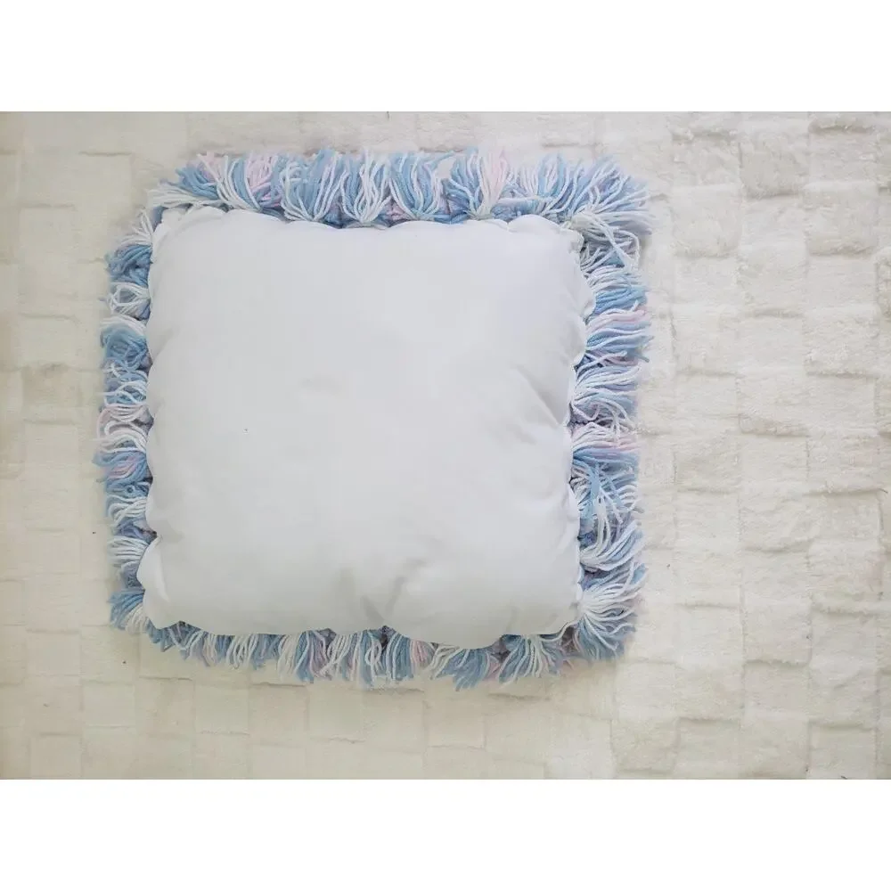 Vintage Handmade Pom-Pom Blue Pink Pillow Boho Cushion Throw Fringe Cottagecore